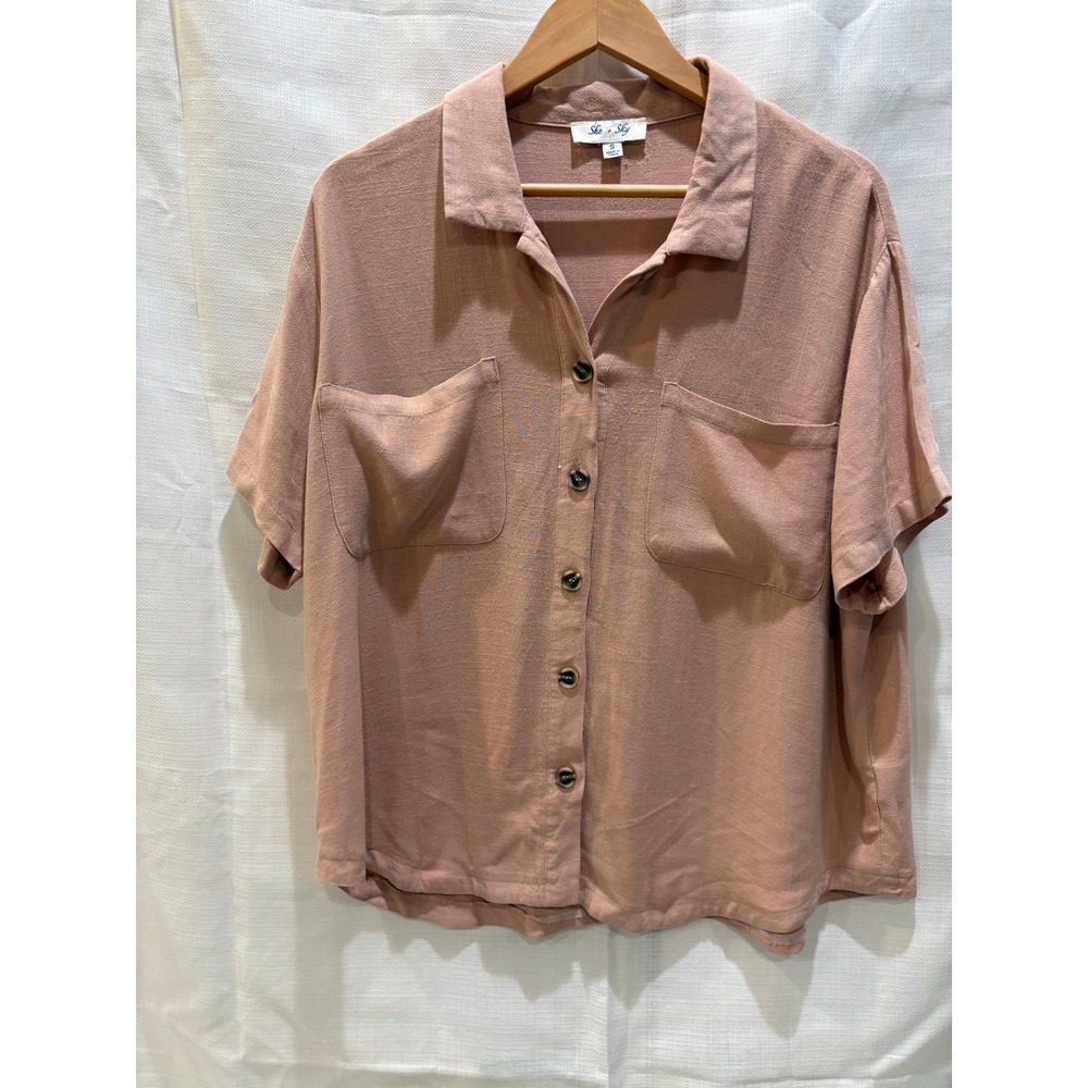 She Sky Pink Textured Short Sleeve Collared Button Up Shirt Top Women's Small